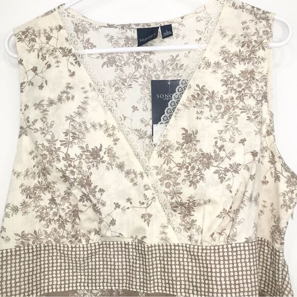 Sonoma NEW Tan Cream Contrast Floral Print Sleeveless Cottagecore Blouse - Picture 3 of 13